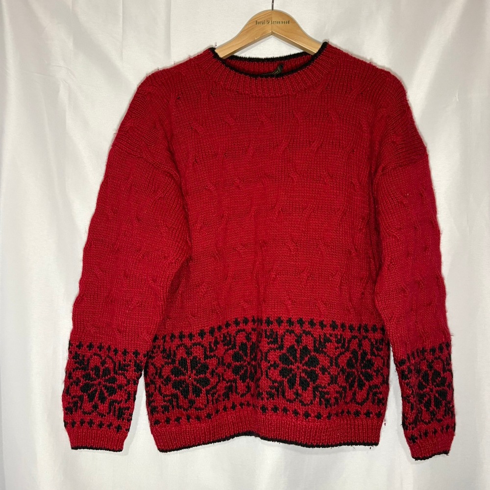 Vintage South Wool Handknit Wool Sweater Red Black Fair Isle Snowflake Womens M